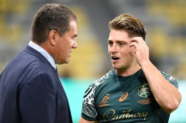 James O'Connor of the Wallabies speaks with Wallabies coach Dave Rennie during The Rugby Championship match between the Australian Wallabies and...