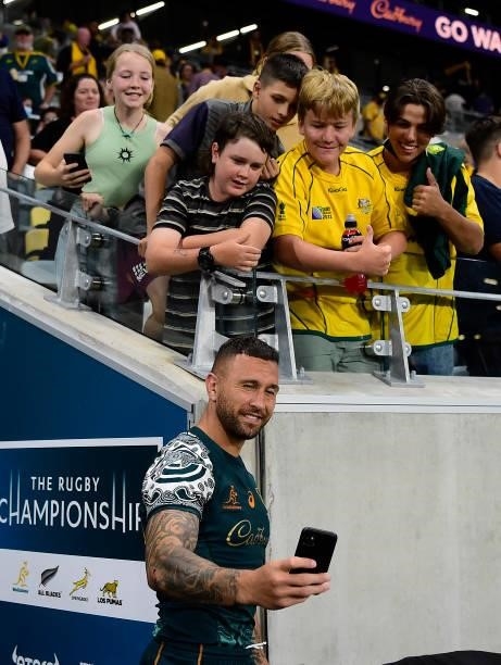 Quade Cooper of the Wallabies takes a photo with fans after winning The Rugby Championship match between the Australian Wallabies and Argentina Pumas...