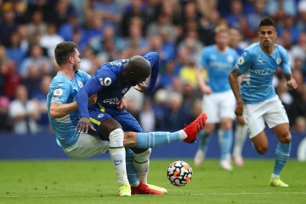 Romelu Lukaku of Chelsea battles for possession with Aymeric Laporte of Manchester City during the Premier League match between Chelsea and...
