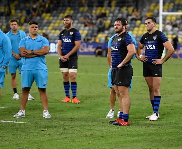 The Pumas look dejected after losing The Rugby Championship match between the Australian Wallabies and Argentina Pumas at QCB Stadium on September...