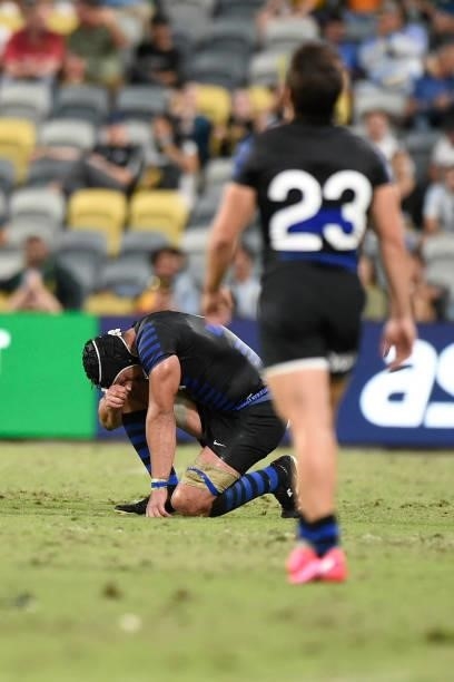 Tomas Lavanini of Argentina looks dejected during The Rugby Championship match between the Australian Wallabies and Argentina Pumas at QCB Stadium on...