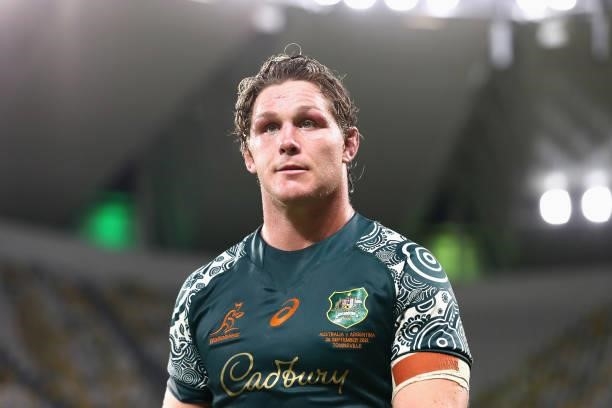Michael Hooper of the Wallabies looks on after winning The Rugby Championship match between the Australian Wallabies and Argentina Pumas at QCB...
