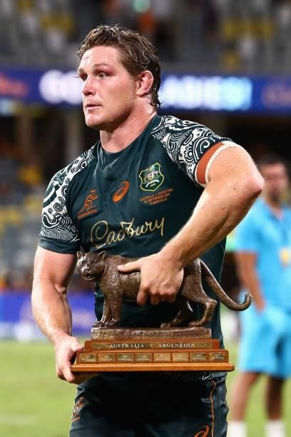 Michael Hooper of the Wallabies collects the Puma Trophy after winning The Rugby Championship match between the Australian Wallabies and Argentina...