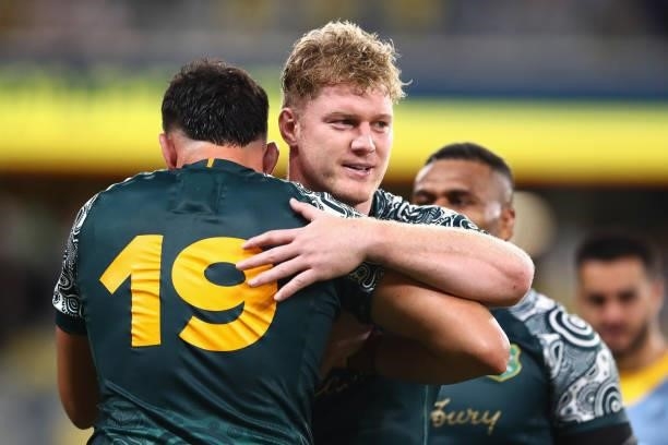 Matt Philip of the Wallabies and Darcy Swain of the Wallabies embrace after winning The Rugby Championship match between the Australian Wallabies and...