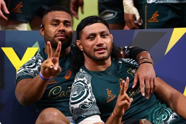Samu Kerevi of the Wallabies and Rob Leota of the Wallabies celebrate winning The Rugby Championship match between the Australian Wallabies and...