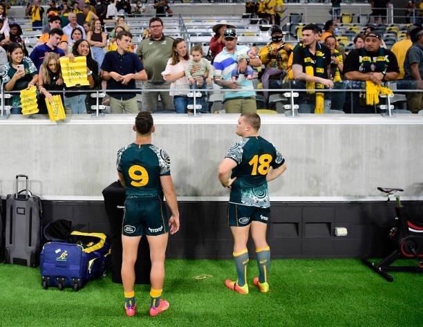 Nic White and Tom Robertson of the Wallabies speak with fans at the end of The Rugby Championship match between the Australian Wallabies and...