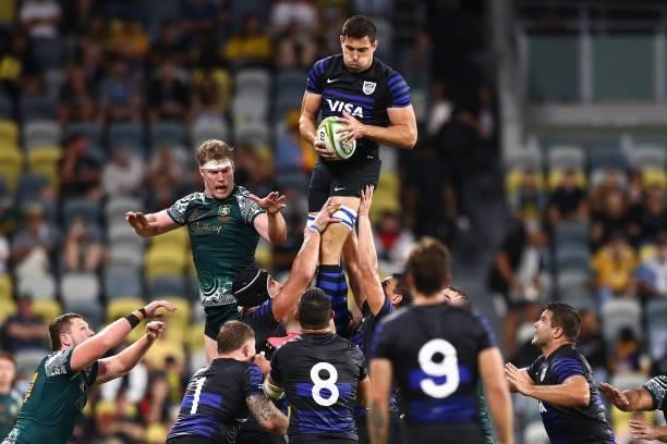 Guido Petti of the Pumas takes a lineout ball during The Rugby Championship match between the Australian Wallabies and Argentina Pumas at QCB Stadium...
