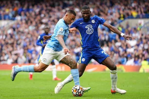 Gabriel Jesus of Manchester City is challenged by Antonio Ruediger of Chelsea during the Premier League match between Chelsea and Manchester City at...