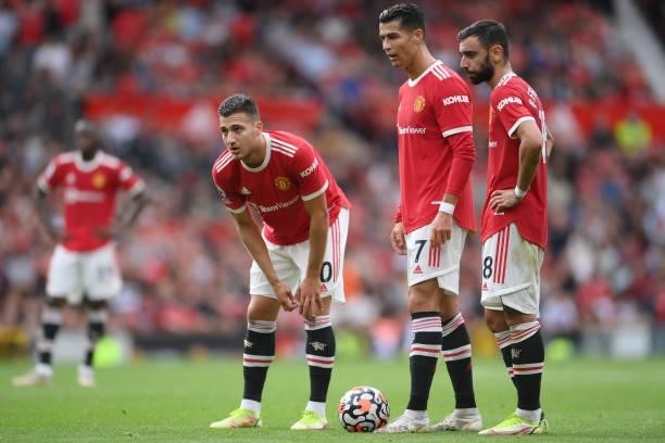 Cristiano Ronaldo of Manchester United prepares to take a free kick during the Premier League match between Manchester United and Aston Villa at Old...