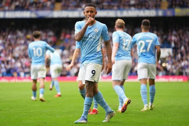 Gabriel Jesus of Manchester City celebrates scoring his sides first goal during the Premier League match between Chelsea and Manchester City at...