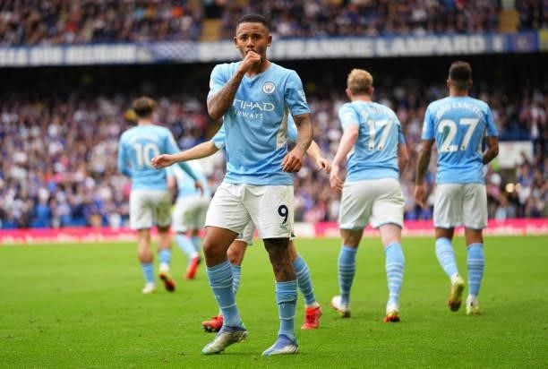 Gabriel Jesus of Manchester City celebrates scoring his sides first goal during the Premier League match between Chelsea and Manchester City at...