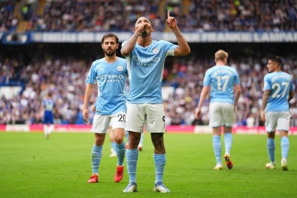 Gabriel Jesus of Manchester City celebrates after scoring their team's first goal during the Premier League match between Chelsea and Manchester City...