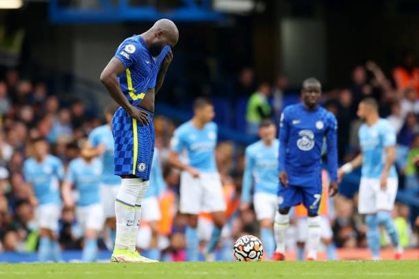 Romelu Lukaku of Chelsea looks dejected after his team concede their first goal during the Premier League match between Chelsea and Manchester City...