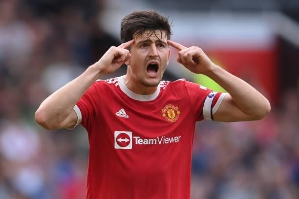 Harry Maguire of Manchester United reacts during the Premier League match between Manchester United and Aston Villa at Old Trafford on September 25,...