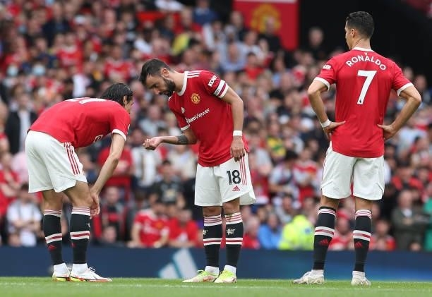 Edinson Cavani, Bruno Fernandes, Cristiano Ronaldo of Manchester United in action during the Premier League match between Manchester United and Aston...