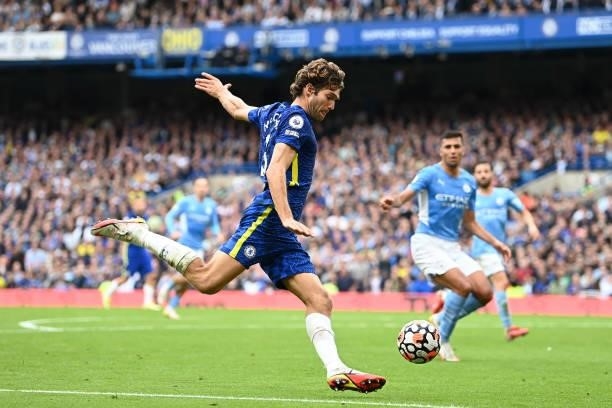 Marcos Alonso of Chelsea crosses the ball during the Premier League match between Chelsea and Manchester City at Stamford Bridge on September 25,...