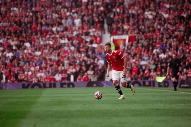 Diogo Dalot of Manchester United in action during the Premier League match between Manchester United and Aston Villa at Old Trafford on September 25,...