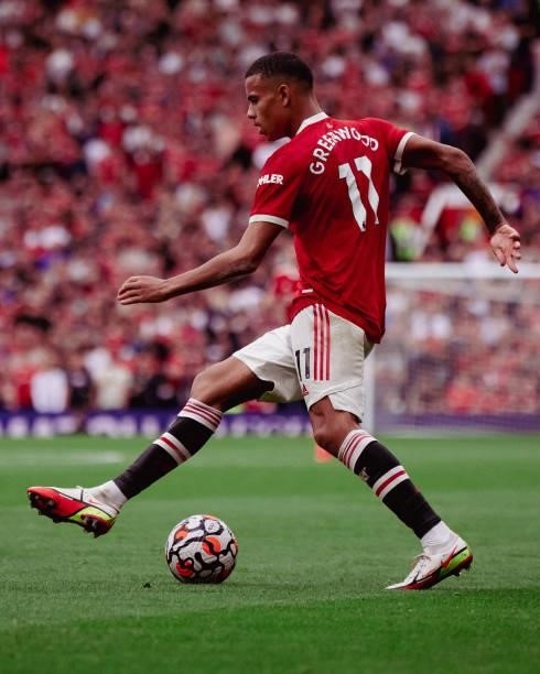 Mason Greenwood of Manchester United in action during the Premier League match between Manchester United and Aston Villa at Old Trafford on September...