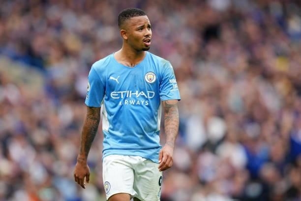 Gabriel Jesus of Manchester City looks on during the Premier League match between Chelsea and Manchester City at Stamford Bridge on September 25,...