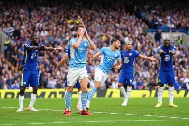 Aymeric Laporte of Manchester City reacts following a missed chance during the Premier League match between Chelsea and Manchester City at Stamford...