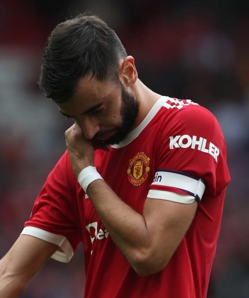 Bruno Fernandes of Manchester United walks off after the Premier League match between Manchester United and Aston Villa at Old Trafford on September...