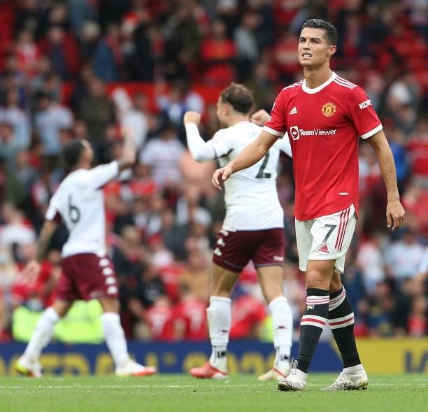 Cristiano Ronaldo of Manchester United walks off after the Premier League match between Manchester United and Aston Villa at Old Trafford on...