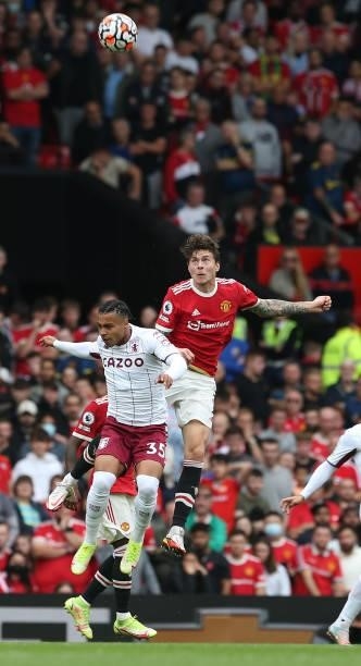 Victor Lindelof of Manchester United in action with Cameron Archer of Aston Villa during the Premier League match between Manchester United and Aston...