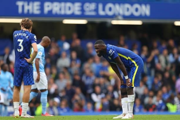 Antonio Ruediger of Chelsea dejected after his sides loss at the Premier League match between Chelsea and Manchester City at Stamford Bridge on...