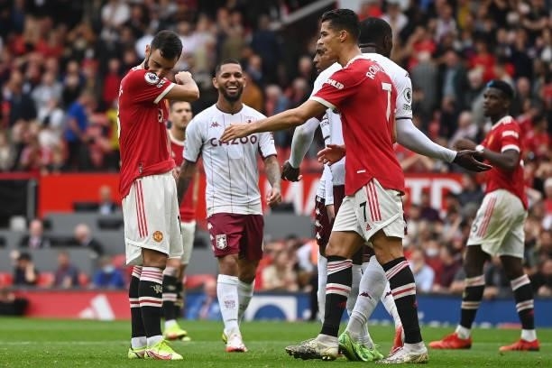 Bruno Fernandes of Manchester United looks dejected after missing a penalty during the Premier League match between Manchester United and Aston Villa...
