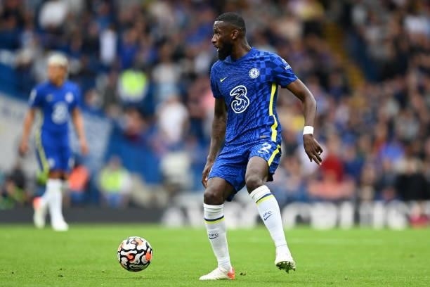 Antonio Ruediger of Chelsea in action during the Premier League match between Chelsea and Manchester City at Stamford Bridge on September 25, 2021 in...