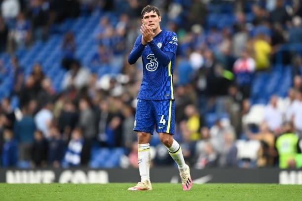 Andreas Christensen of Chelsea applauds fans after the Premier League match between Chelsea and Manchester City at Stamford Bridge on September 25,...