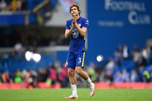 Marcos Alonso of Chelsea applauds fans after during the Premier League match between Chelsea and Manchester City at Stamford Bridge on September 25,...