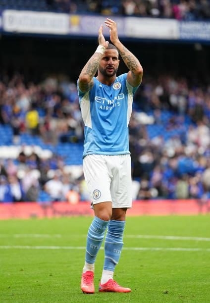 Kyle Walker of Manchester City shows appreciation to fans following victory in the Premier League match between Chelsea and Manchester City at...