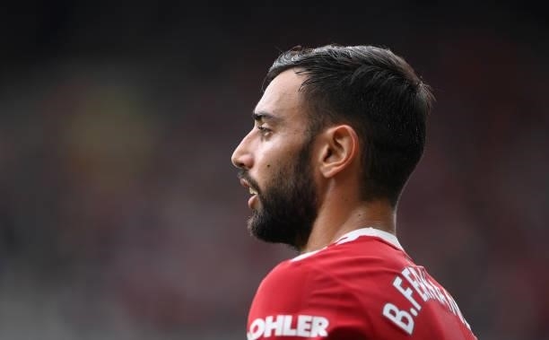 Bruno Fernandes looks on during the Premier League match between Manchester United and Aston Villa at Old Trafford on September 25, 2021 in...