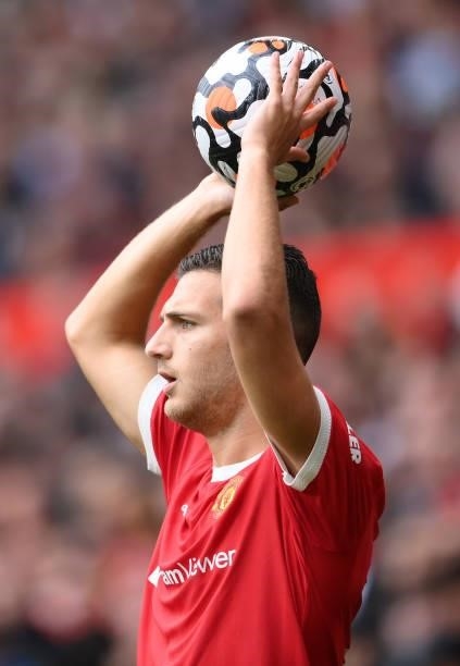 Diogo Dalot of Manchester United looks on during the Premier League match between Manchester United and Aston Villa at Old Trafford on September 25,...