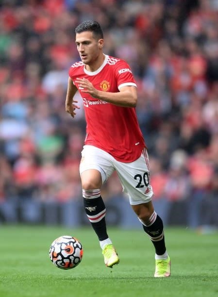 Diogo Dalot of Manchester United runs with the ball during the Premier League match between Manchester United and Aston Villa at Old Trafford on...