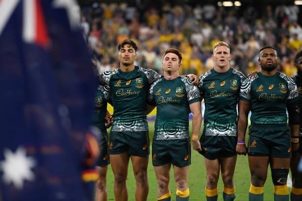 The Wallabies stand together for the national anthem before the start of The Rugby Championship match between the Australian Wallabies and Argentina...