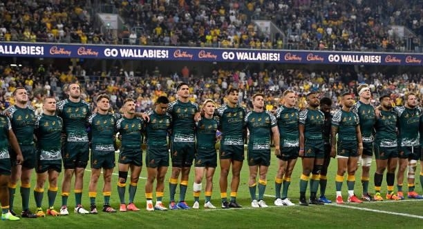 The Wallabies stand together for the national anthem before the start of The Rugby Championship match between the Australian Wallabies and Argentina...
