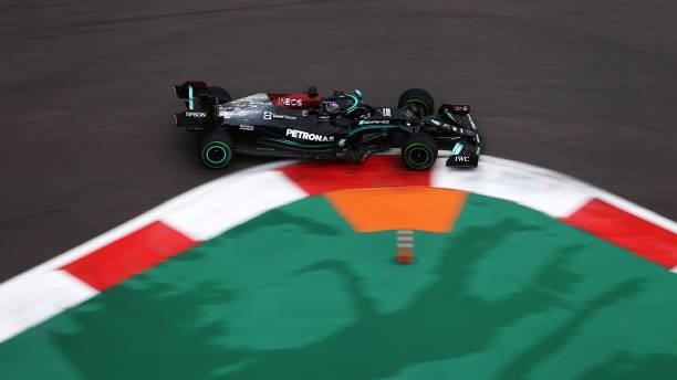 Lewis Hamilton of Great Britain driving the Mercedes AMG Petronas F1 Team Mercedes W12 during qualifying ahead of the F1 Grand Prix of Russia at...