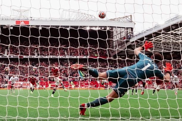 Bruno Fernandes of Manchester United misses a penalty during the Premier League match between Manchester United and Aston Villa at Old Trafford on...