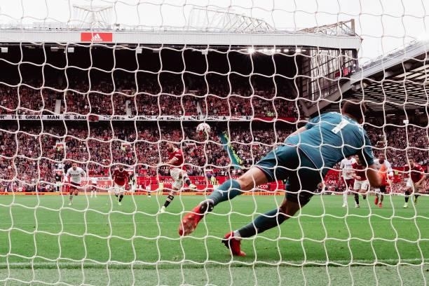 Bruno Fernandes of Manchester United misses a penalty during the Premier League match between Manchester United and Aston Villa at Old Trafford on...