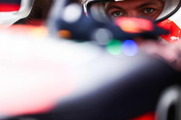 Max Verstappen of Netherlands and Red Bull Racing prepares to drive in the garage during qualifying ahead of the F1 Grand Prix of Russia at Sochi...