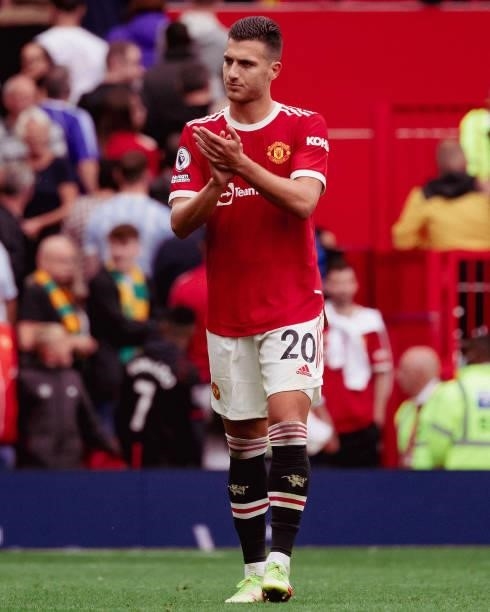 Diogo Dalot of Manchester United walks off after the Premier League match between Manchester United and Aston Villa at Old Trafford on September 25,...