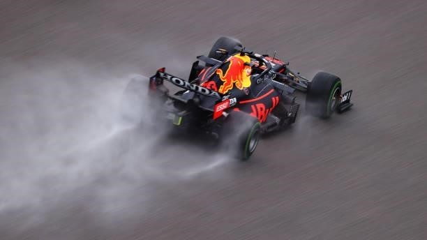 Max Verstappen of the Netherlands driving the Red Bull Racing RB16B Honda on track during qualifying ahead of the F1 Grand Prix of Russia at Sochi...
