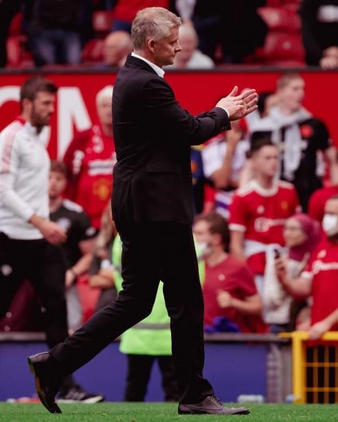 Manager Ole Gunnar Solskjaer of Manchester United walks off after the Premier League match between Manchester United and Aston Villa at Old Trafford...