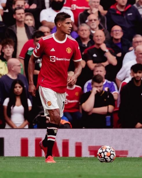 Raphael Varane of Manchester United in action during the Premier League match between Manchester United and Aston Villa at Old Trafford on September...