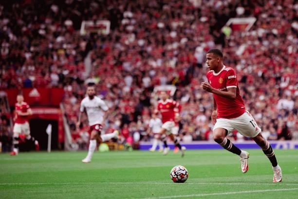 Mason Greenwood of Manchester United in action during the Premier League match between Manchester United and Aston Villa at Old Trafford on September...
