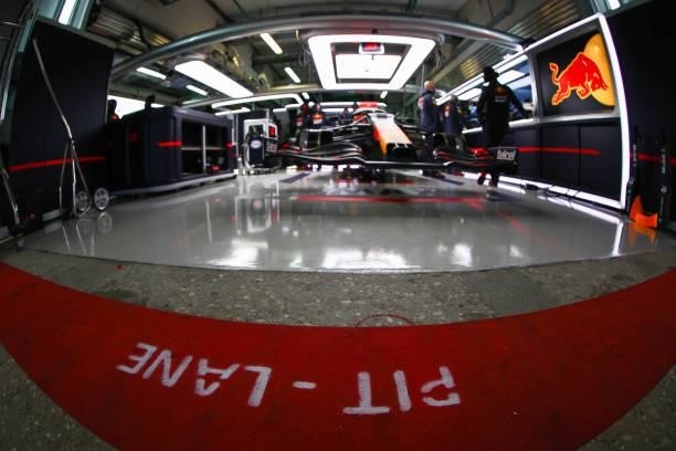 Detail view of the pitlane signage outside the Red Bull Racing garage during qualifying ahead of the F1 Grand Prix of Russia at Sochi Autodrom on...