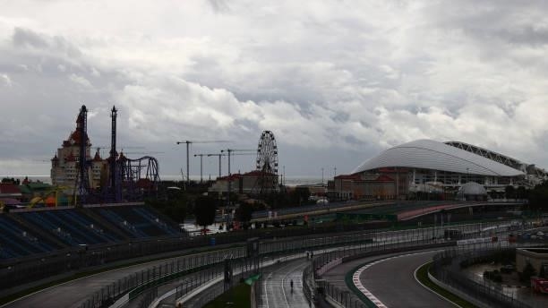 General view over the circuit during the cancelled final practice ahead of the F1 Grand Prix of Russia at Sochi Autodrom on September 25, 2021 in...