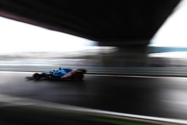 Esteban Ocon of France driving the Alpine A521 Renault on track during qualifying ahead of the F1 Grand Prix of Russia at Sochi Autodrom on September...